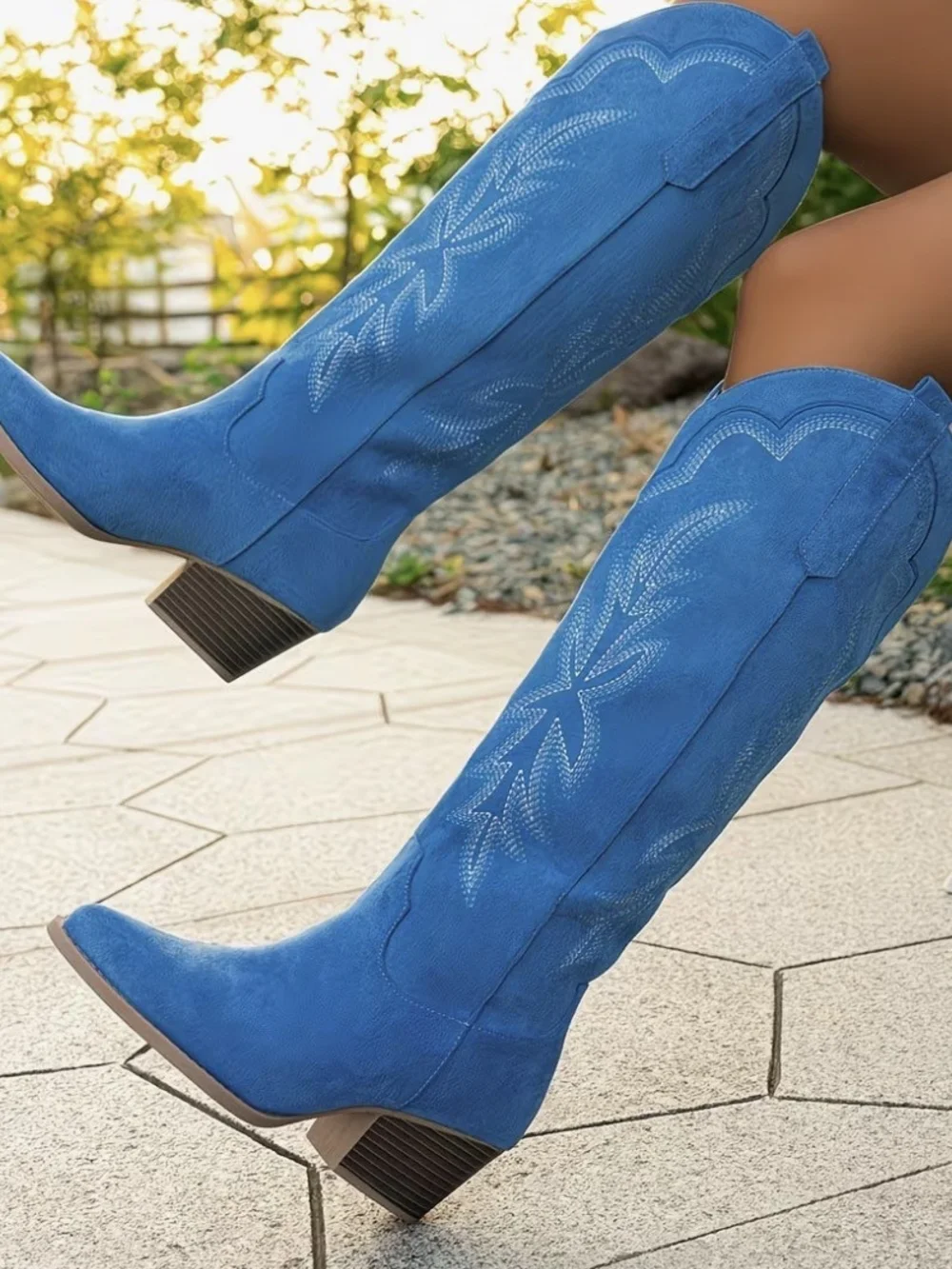 Women's Blue Cowboy Boots Size 8 Embroidered Western Faux Suede Tall Cowgirl
